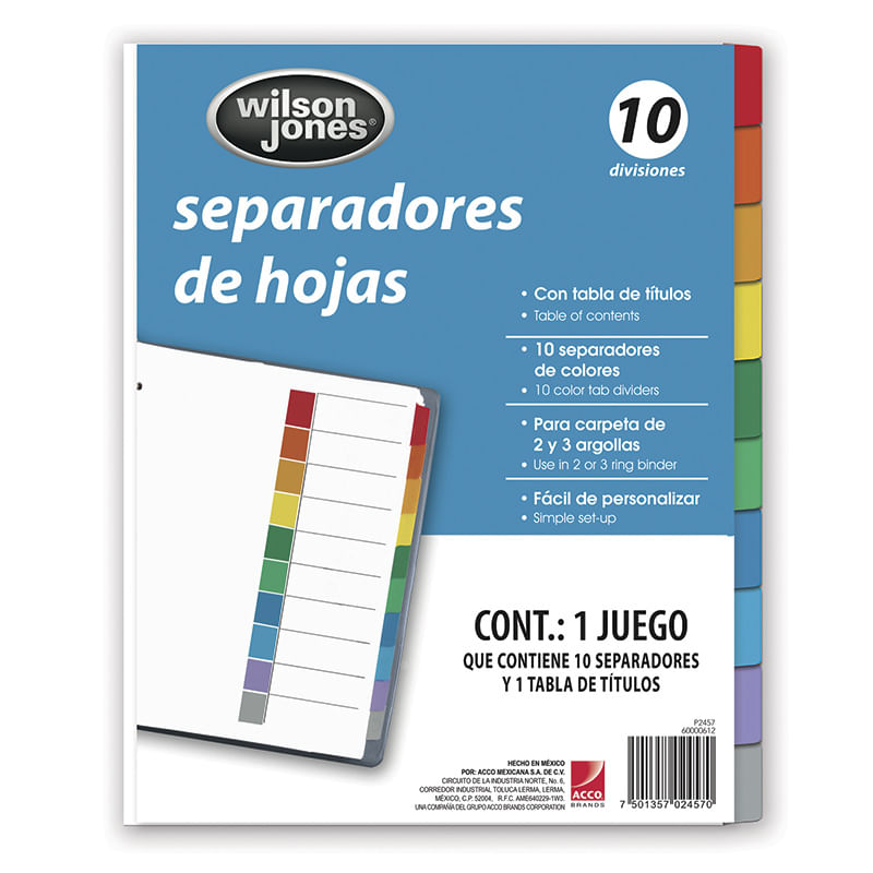 SEPARADOR 10DIV CARTA COLORES SURTIDOS WJ