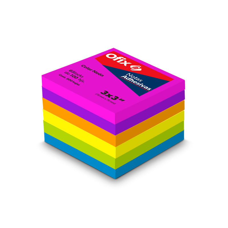 NOTAS ADHESIVAS OFIX 3X3 NEON C/100H PAQUETE CON 6