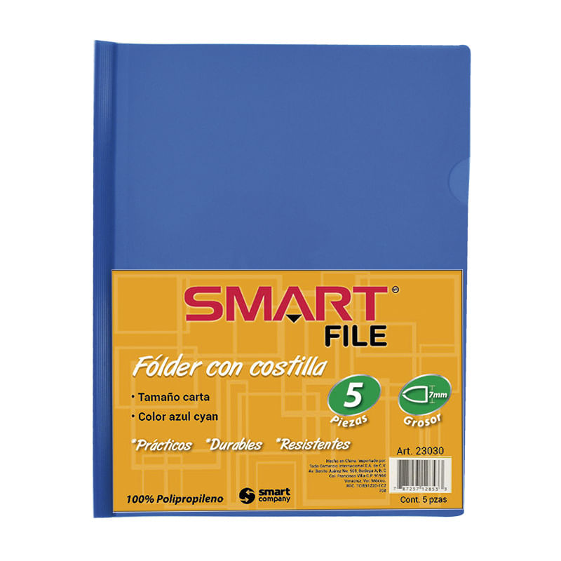 FOLDER CARTA PLASTICO CON COSTILLA AZUL CYAN PAQUETE C/5PZAS