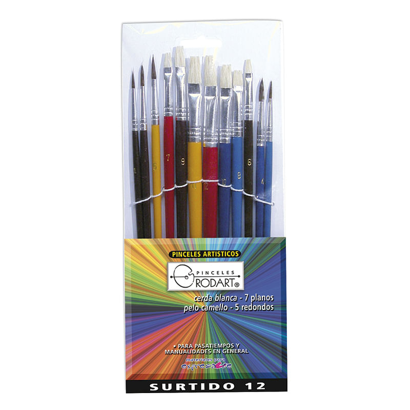 PINCEL PLASTICO ARTISTICO PUNTA RED Y PLANA CON 12 SURTIDO BLT