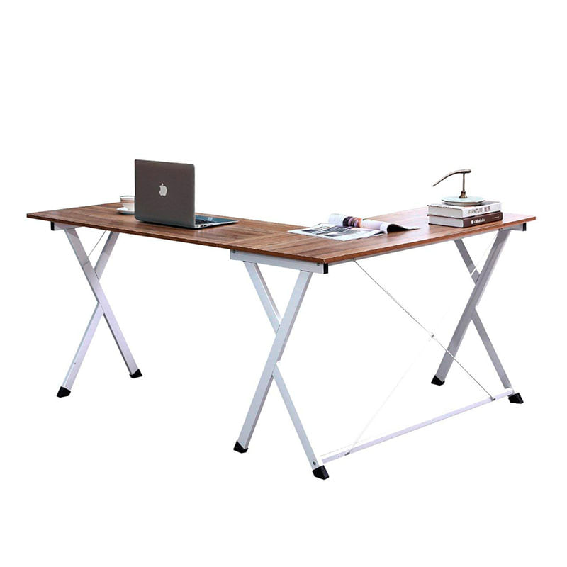 ESCRITORIO HOME OFFICE EN L COLOR NOGAL CON ESTRUCTURA BLANCA