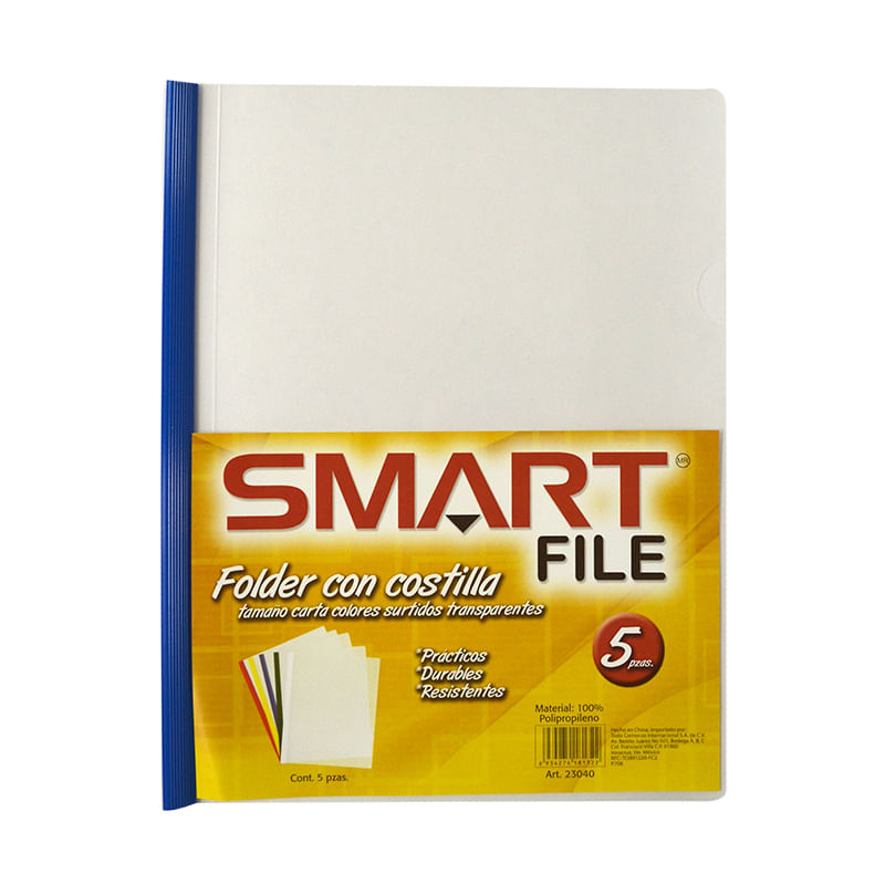 FOLDER CARTA PLASTICO CON COSTILLA COLORES SOLIDOS C/5PZAS