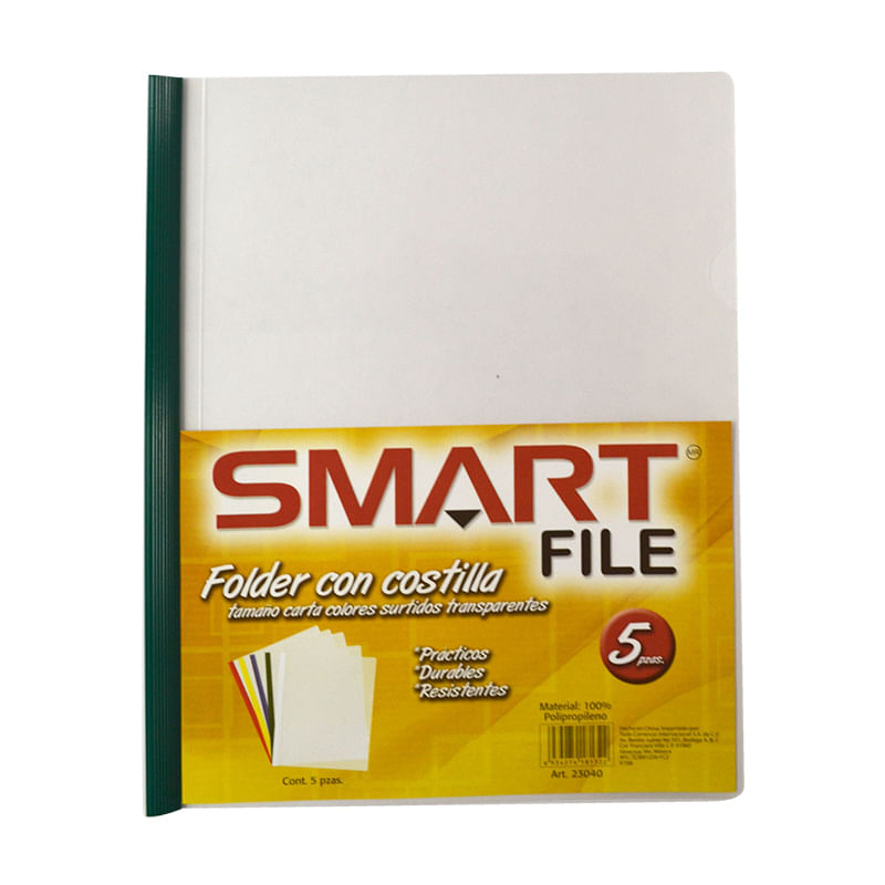 FOLDER CARTA PLASTICO CON COSTILLA COLORES SOLIDOS C/5PZAS