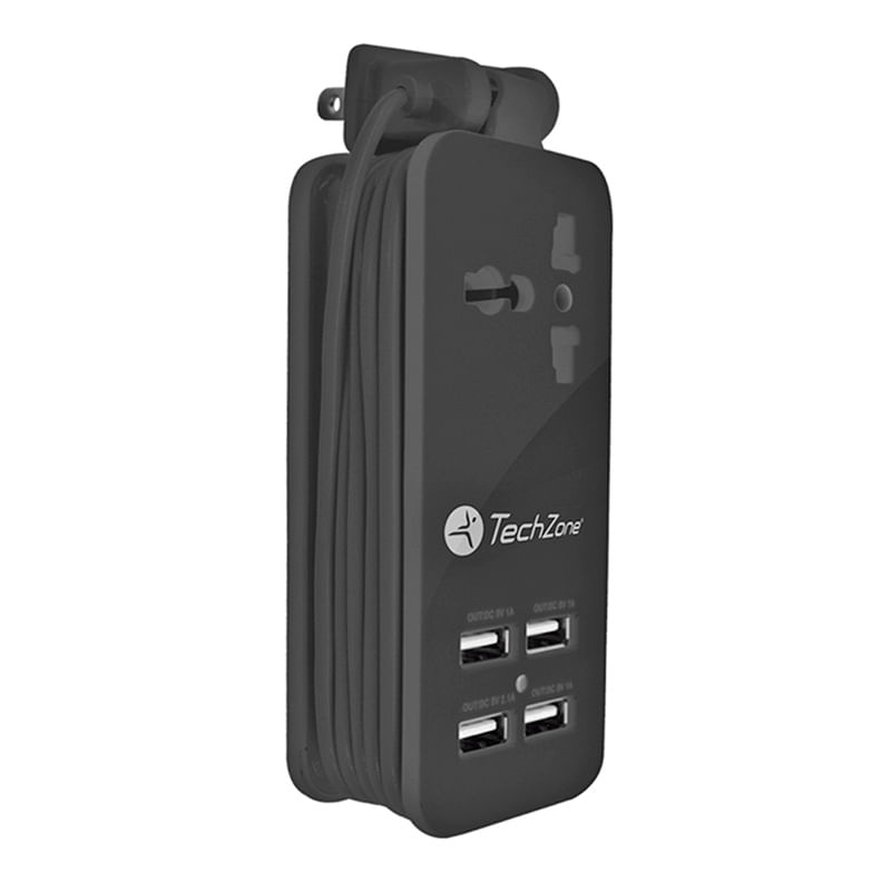 ESTACION DE CARGA CON 4 USB, 1 TOMACORRIENTE, EXTENCION DE 15M, COLOR NEGRO