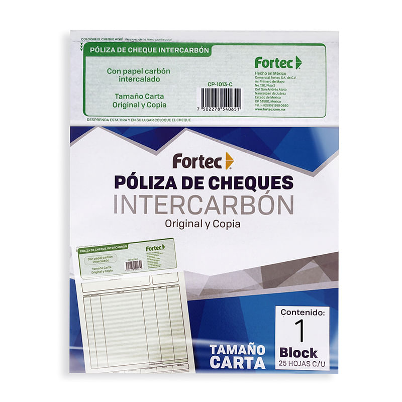 BLOCK POLIZA CHEQUE CARTA CARBON C/25JGS