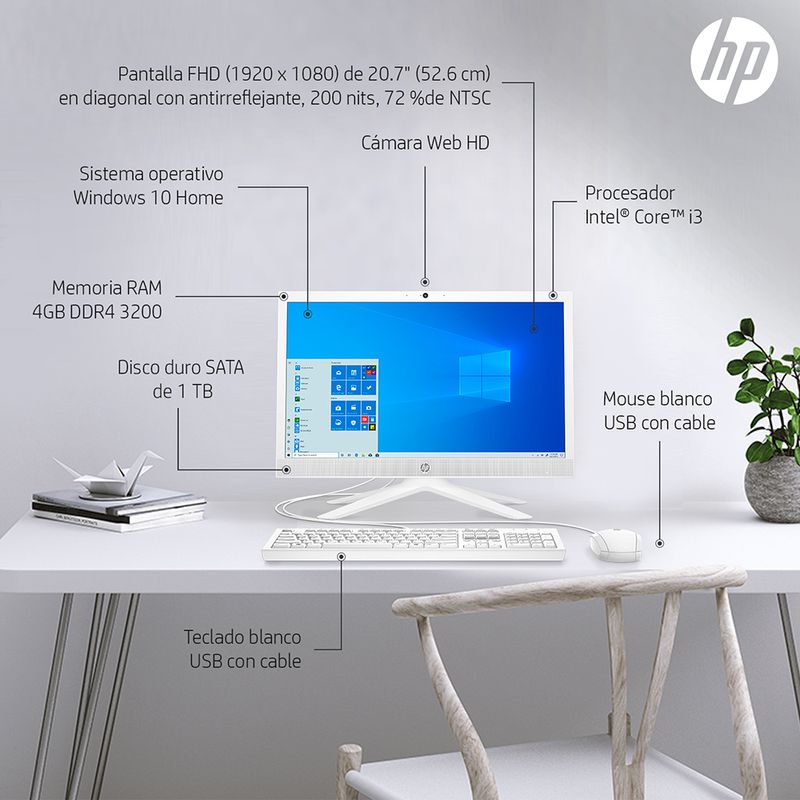 COMPUTADORA ALL IN ONE HP 21-B0015LA CORE I3-1005G1 4GB 1TB 207" WIN 10HOME