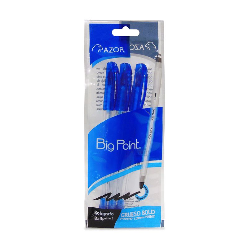 BOLÍGRAFO BIG POINT  BARRIL TRANSP BOLSA C/3 COLOR AZUL