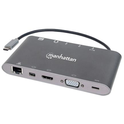 Estación Docking Manhattan USB-C a HDMI/DPmini/SVGA/RJ45/35mm Super Velocidad Color Gris