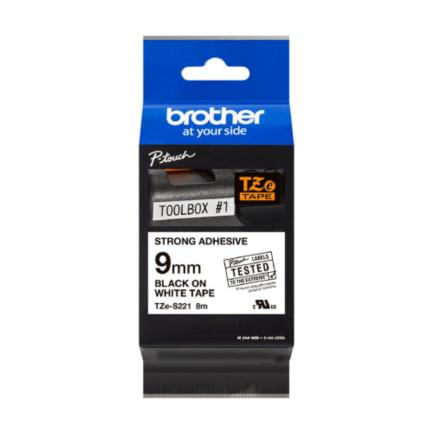Cinta Brother TZeS221 Laminada Súper Adhesiva Texto Negro sobre Fondo Blanco 9mm