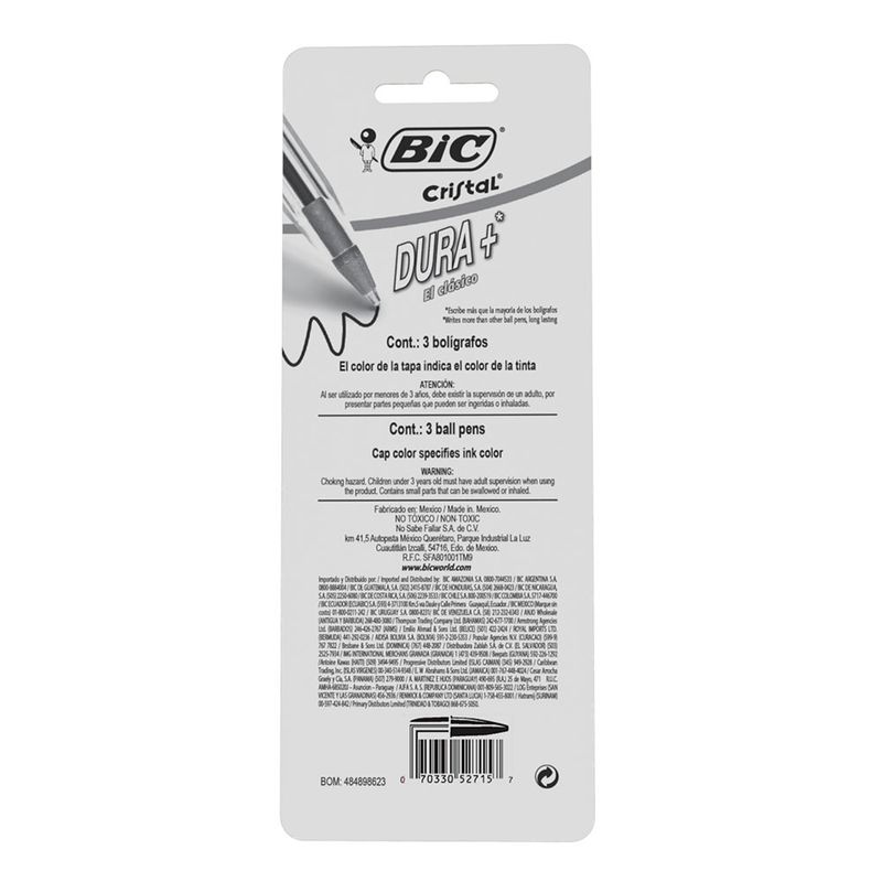 BOLIGRAFO MEDIANO SURTIDOS BIC CRISTAL BLT C/3 PZS