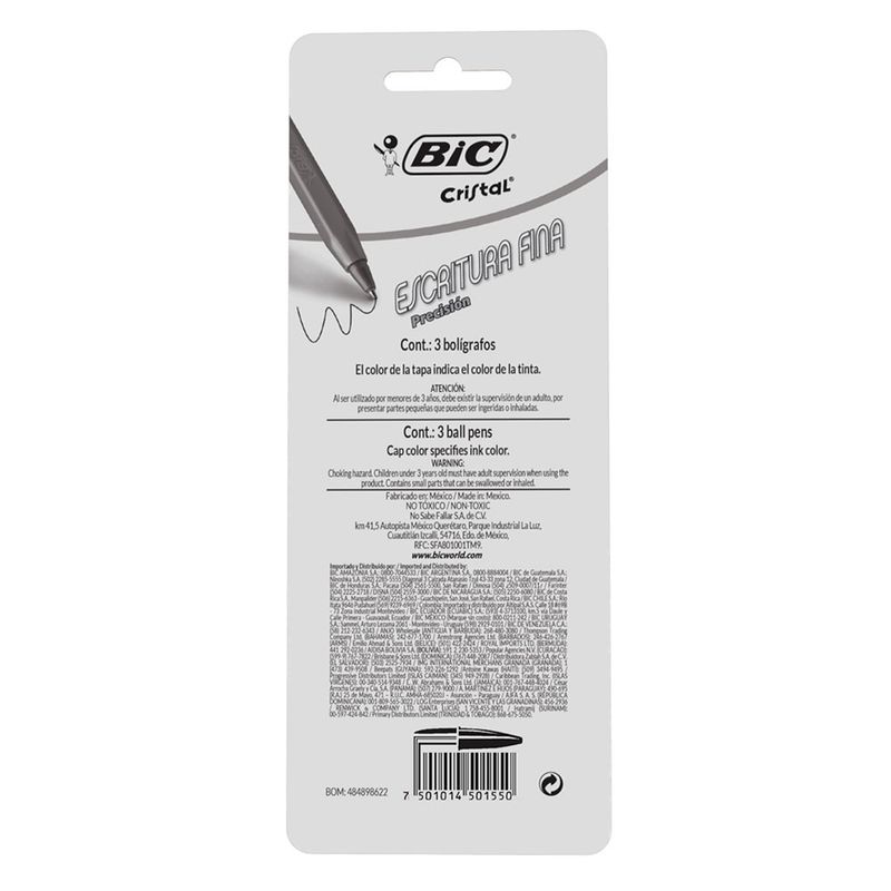 BOLIGRAFO FINO SURTIDOS BIC CRISTAL BLT C/3 PZS