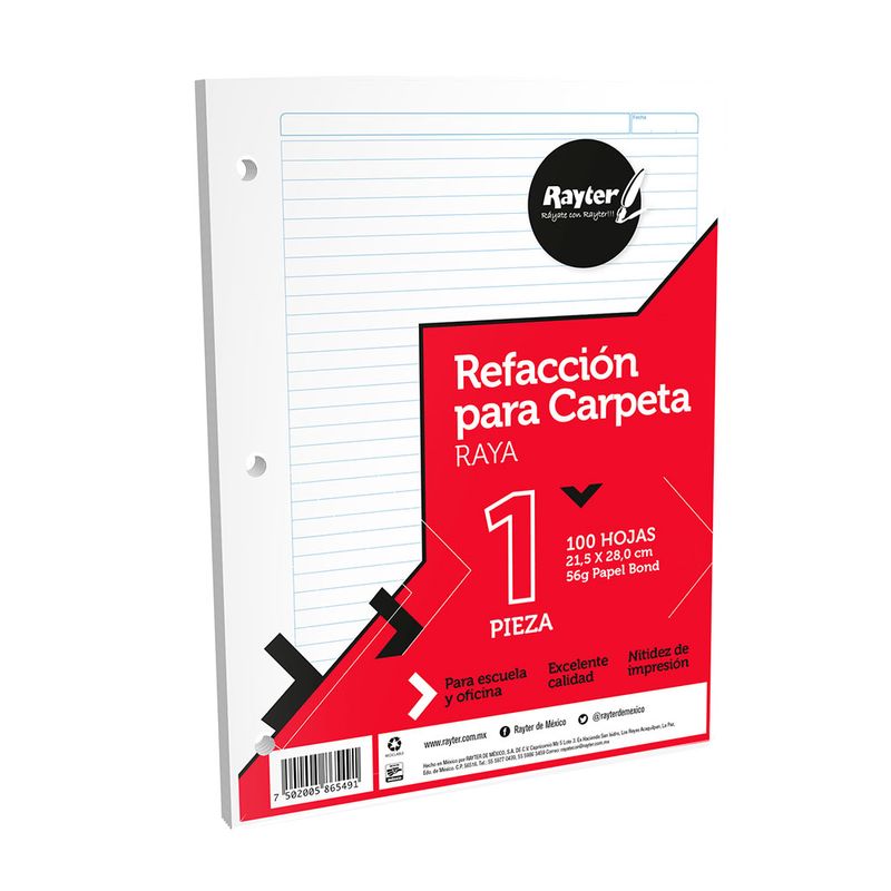 HOJAS PARA CARPETA CARTA 100H RAYAS RAYTER