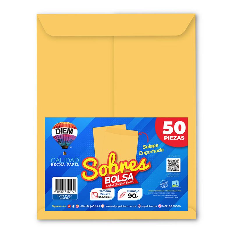 SOBRE BOLSA GOLDEN 90GR MINISTRO (LEGAL) ENGOMADO CON 50