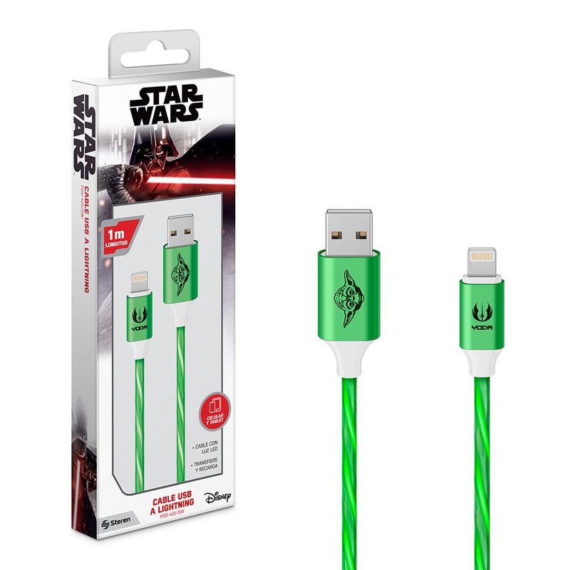 CABLE USB A LIGHTNING CON LUZ LED DE 1 M, STAR WARS VERDE/ROJO