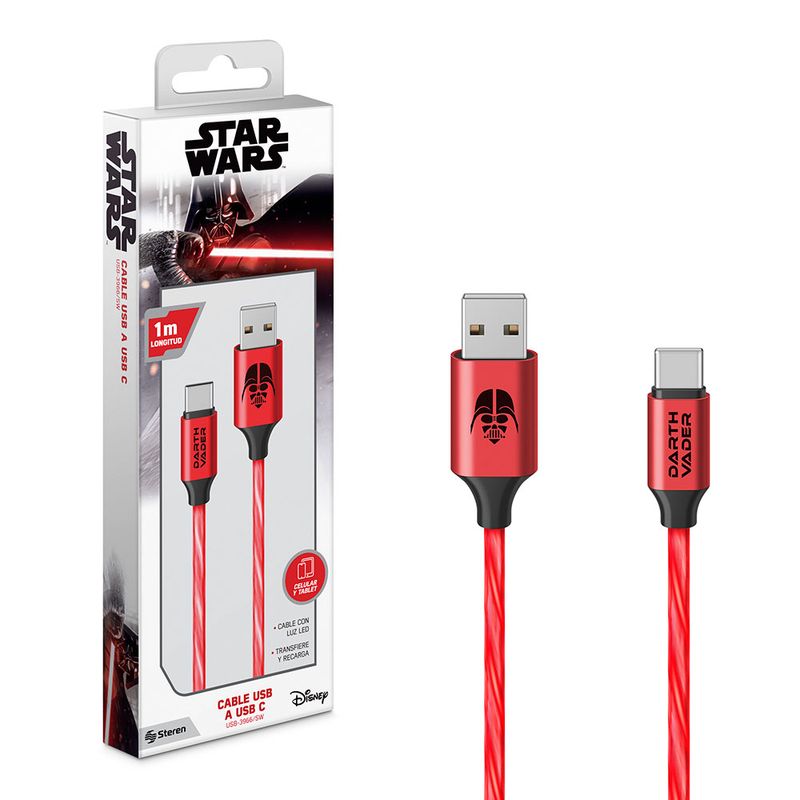 CABLE USB A USB C CON LUZ LED DE 1 M, STAR WARS VERDE/ROJO