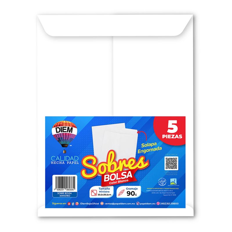 SOBRE BOLSA BLANCO 90G MINISTRO (LEGAL) C/5 PZAS