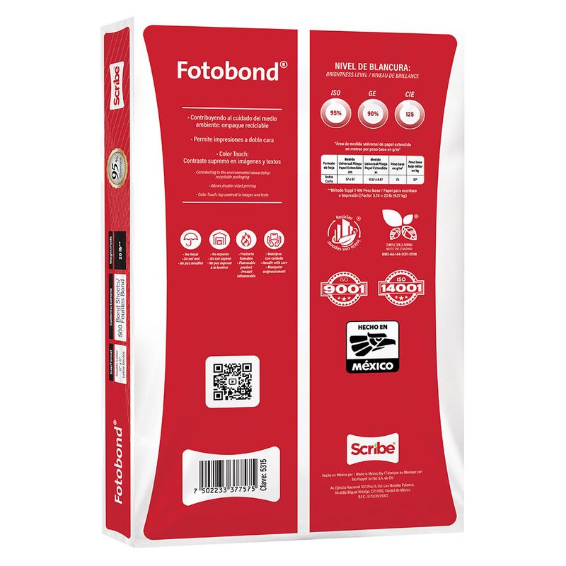 PAPEL FOTOBOND DOBLE CARTA BLANCO 37K C/500HJS