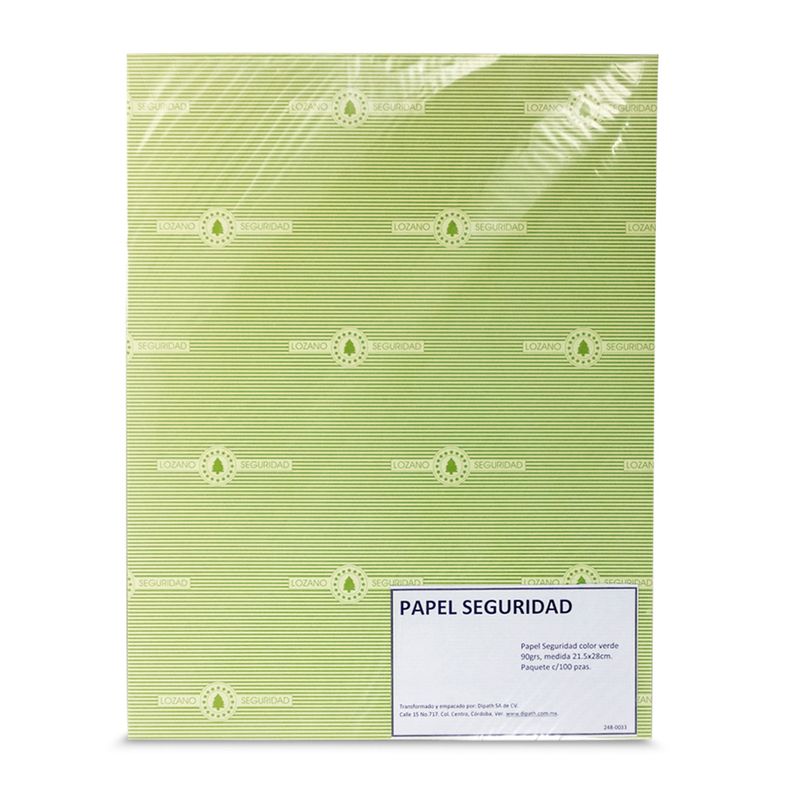PAPEL SEGURIDAD CARTA VERDE C/100 PZAS