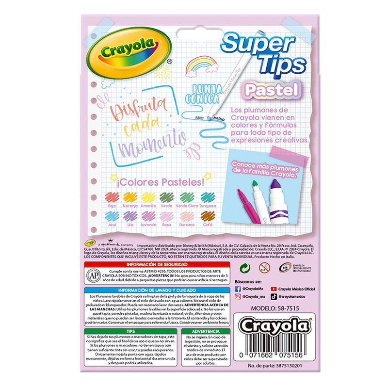 PLUMONES DELGADOS COLORES PASTEL CON 12 - CRAYOLA