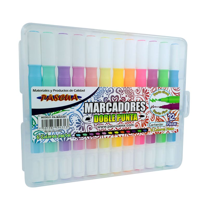 MARCADOR BASE AGUA DOBLE PUNTA COLORES NEON Y PASTEL 12PZAS PASCUA