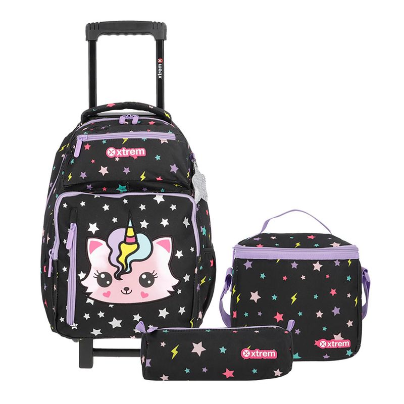 PACK DE MOCHILA CON RUEDAS LONCHERA Y LAPICERA XTREM BLACK CAT