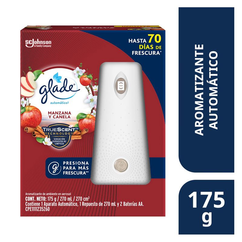 AROMATIZANTE GLADE APARATO AUTOMATICO CON REPUESTO EN AEROSOL MANZANA CANELA 175 GRS