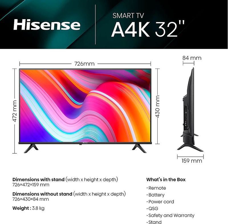 PANTALLA SMART  TV LED 32" HISENSE VIDAA HD (1366X768) WIFI HDMI USB 60HZ