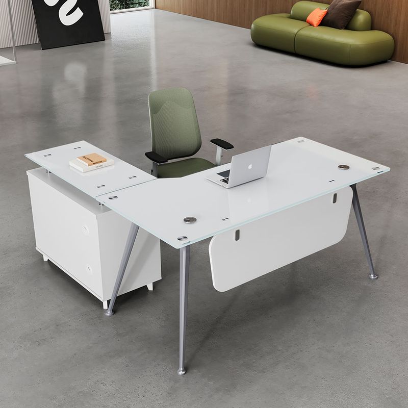 ESCRITORIO DE CRISTAL EN L SOBRE CREDENZA BLANCO 140 MTS