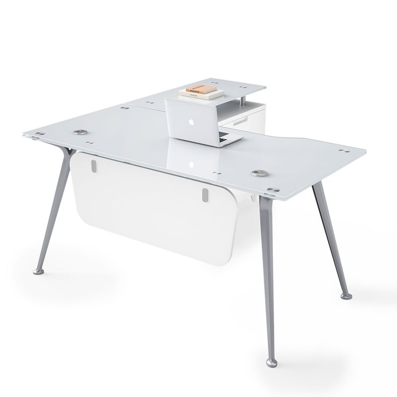 ESCRITORIO DE CRISTAL EN L SOBRE CREDENZA BLANCO 140 MTS