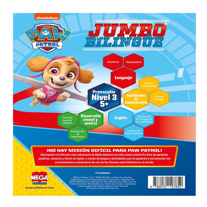 LIBRO COLOREAR JUMBO PAW PATROL BILINGÜE 224 PAG