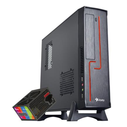 65940 - Gabinete Oficina Keelan Slim ITX Stylos 2xUSB 1 0 1xUSB 3 0 puerto 3 5mm línea roja con fuente de poder 550W