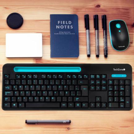 67746 - Kit Teclado y Mouse TechZone Inalámbrico 105 Teclas+Espacio Tablet/Smartphone 1600dpi 3 Botones Win/Mac Color Negro-Azul