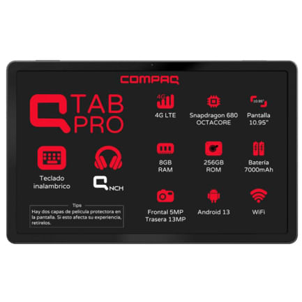 Tablet COMPAQ Q Tab Pro 1095 8GB/256GB Cámara 5MP/13MP Android 13 + Teclado + Audífonos + Stylus