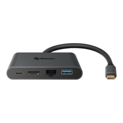 Adaptador Steren USB C a HDMI/USB 30/USB C/RJ45 Color Negro
