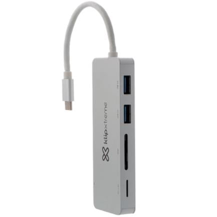 HUB USB Klip Xtreme Tipo C HubPoint KCR-500 de 5 puertos 2 USB 30  1 tipo C 1 Micro-SD 1 Tarjeta SDXC Plateado