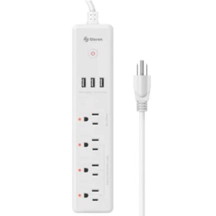 Barra Steren Multicontacto Wi-Fi de 4 Salidas Horizontales y Triple Cargador USB Color Blanco