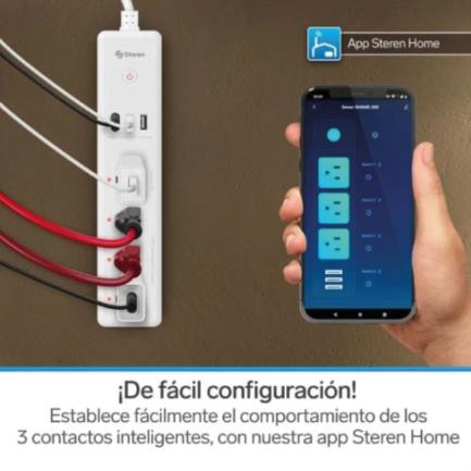 Barra Steren Multicontacto Wi-Fi de 4 Salidas Horizontales y Triple Cargador USB Color Blanco