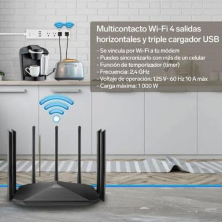 Barra Steren Multicontacto Wi-Fi de 4 Salidas Horizontales y Triple Cargador USB Color Blanco