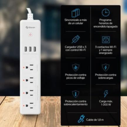 Barra Steren Multicontacto Wi-Fi de 4 Salidas Horizontales y Triple Cargador USB Color Blanco