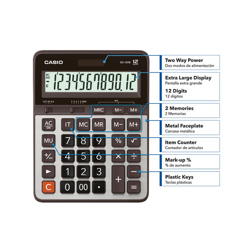 CALCULADORA ESCRITORIO CASIO GX-120B 12DIG GRANDE SOLAR/BATERIA
