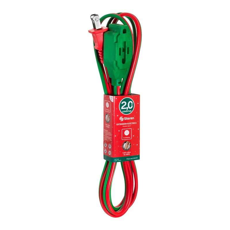 77386 - EXTENSION ELECTRICA DOMESTICA DE 2 MTS STEREN, 3 ENTRADAS, VERDE-ROJO