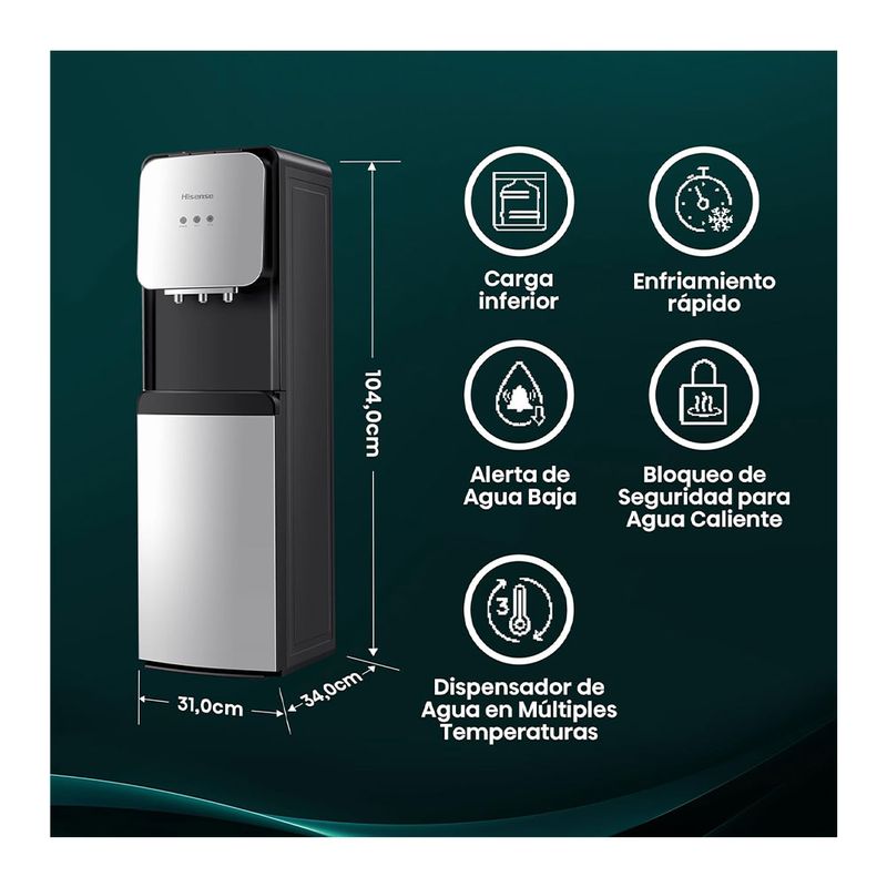 82005 - DISPENSADOR DE AGUA FRIA Y CALIENTE DE PISO HISENSE NEGRO/PLATA, COMPRESOR, GARRAFON OCULTO