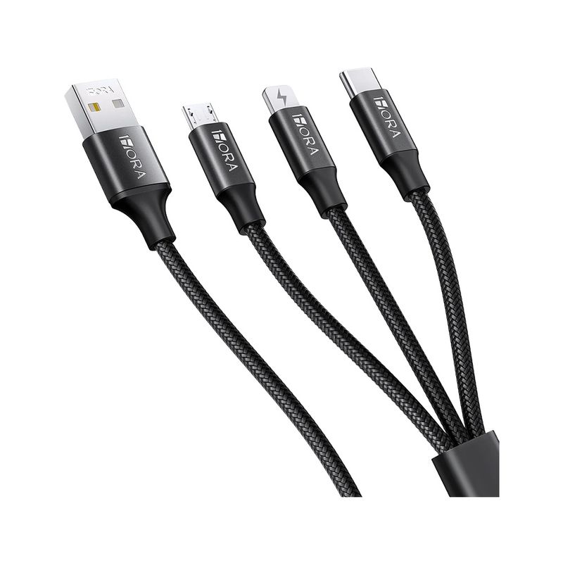 82125 - CABLE 3 EN 1 TRENZADO, USB-A A USB-C/MICRO-USB/IP, 1M, 1HORA, NEGRO