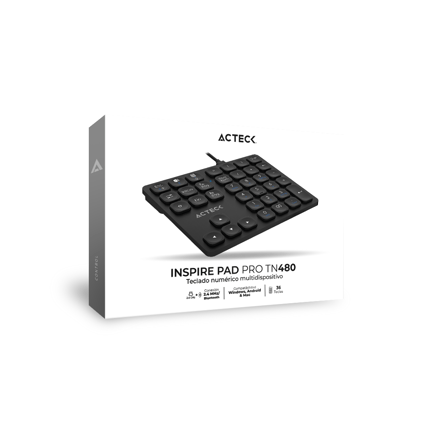 88340 - Teclado Numérico Acteck Multidispositivo Inspire Pad Pro TN480  / 2 4 MHz + 2 modos BT  Recargable / Advanced Negro