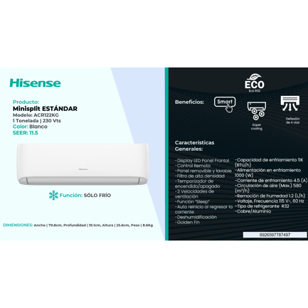 89862 - Minisplit Hisense ACR122KG Estándar 11000 BTU Solo Frío 220V R32