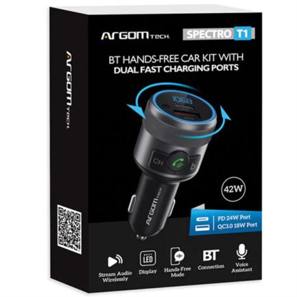 85553 - Kit Manos Libres Argomtech para Auto Spectro T1 Bluetooth Pantalla LED Dos Puertos de Carga Rápida 42 W USB Color Negro