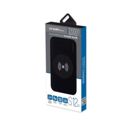 85429 - Power Bank Argomtech S12W Delgado de Aluminio con Cargador Rapido 18W 12000 mAh Wireless Color Negro