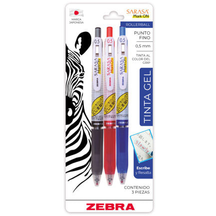 86490 - Boligrafo Zebra Sarasa Mark On Punto Fino 0 5mm Negro Azul Rojo BL/3pzs