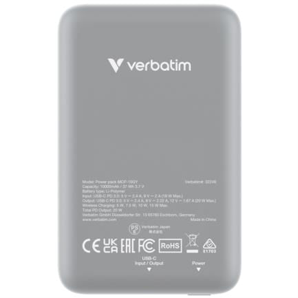 86271 - Cargador Verbatim Charge and Go Power Bank Carga Inalámbrica 10000mAh Magnetica Color Gris
