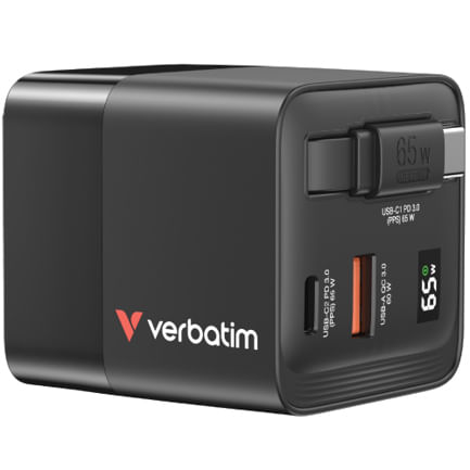 86193 - Cargador Verbatim GaN 65W de Cable retráctil